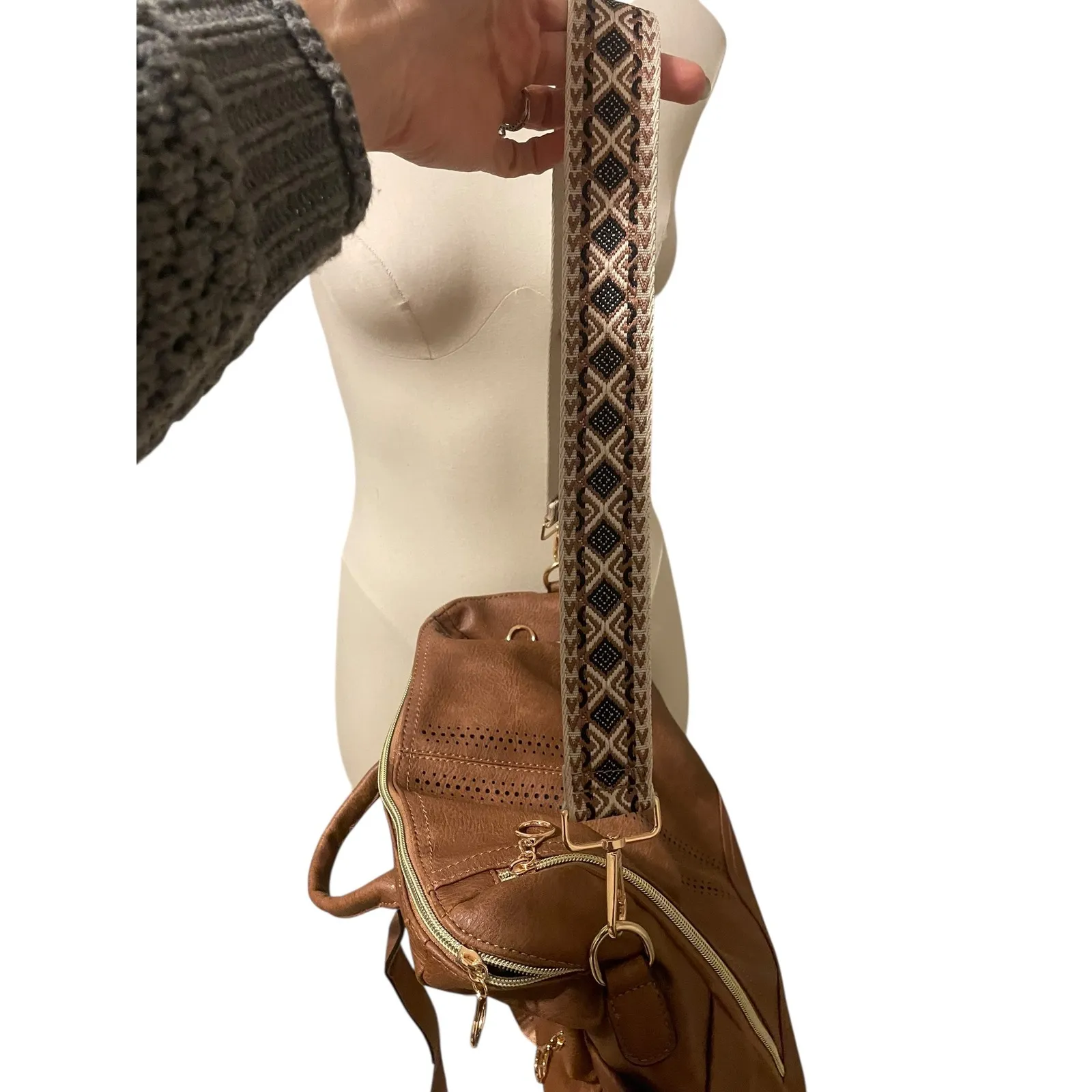 Convertible Cognac Vegan Leather Backpack Purse Set w Wristlet Boho Strap NWOT Brown - Image 8