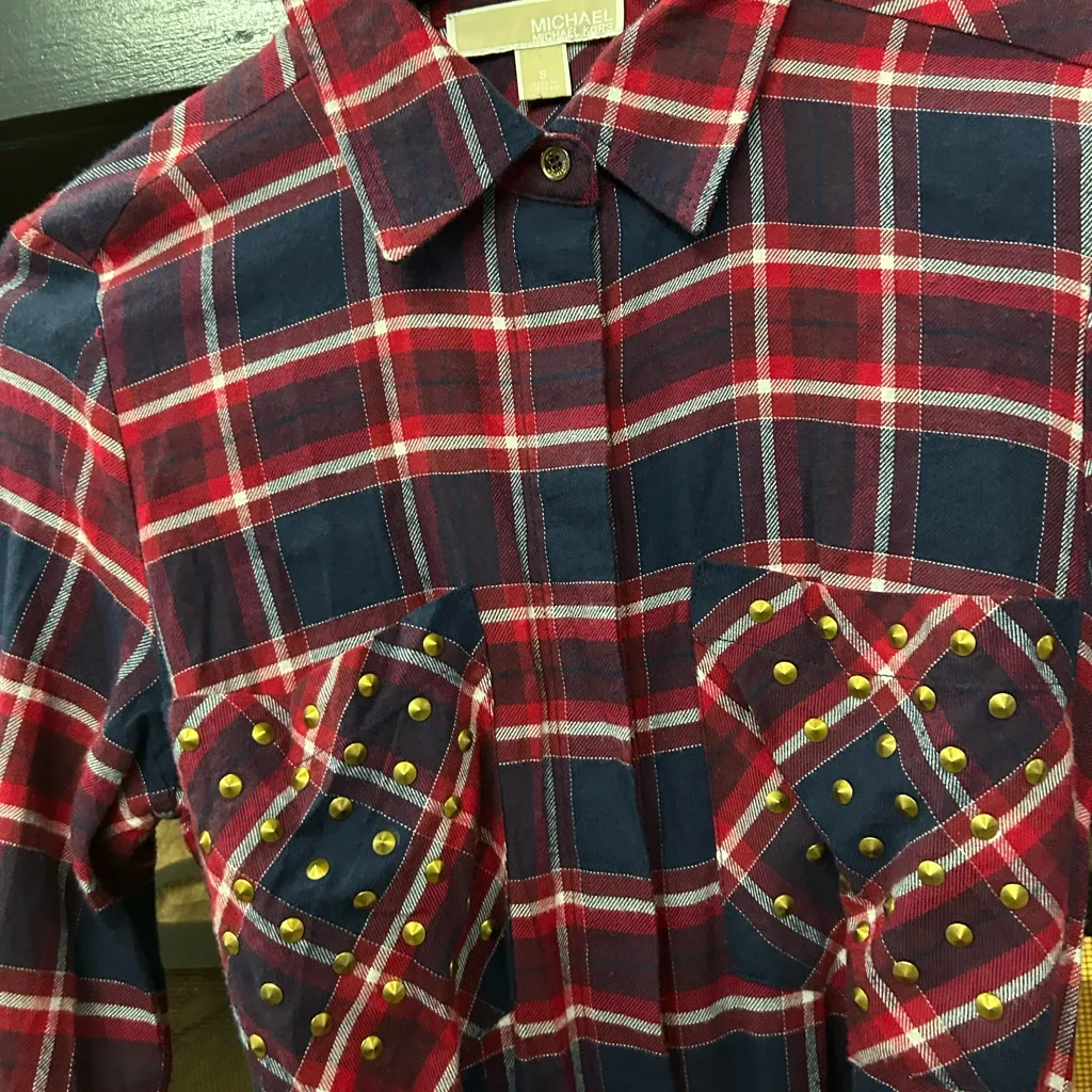 Michael Kors Navy and Red Plaid Shirt Dress with Studded Pockets-Small excellent - Image 4