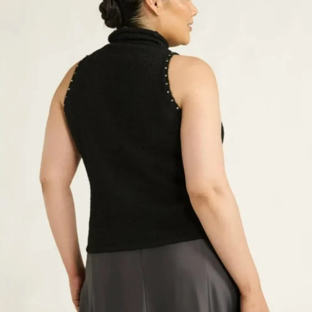 Scoop Women’s Sleeveless Rhinestone Mock Neck Sweater, Lightweight in Black L Size L - Image 3