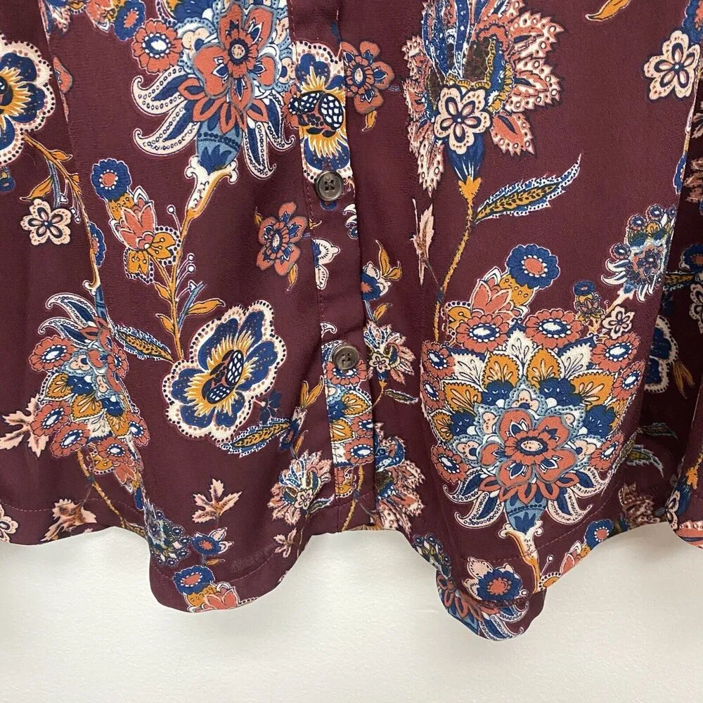 AGNES & DORA Top XL Button Down Peasant Floral Long Casual V-Neck Maroon - Image 3