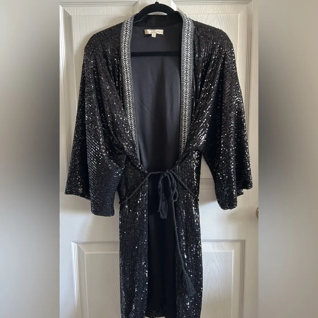 Chelsie & Violet Black Open Front Sequin Duster Jacket‎ Belted Kimono Size XL - Image 13
