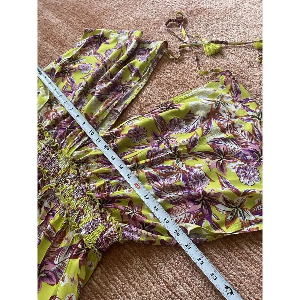 Blue Island Yellow Floral Halter Mini Dress Ruffle Hem Smocked Waist Size XL - Image 3
