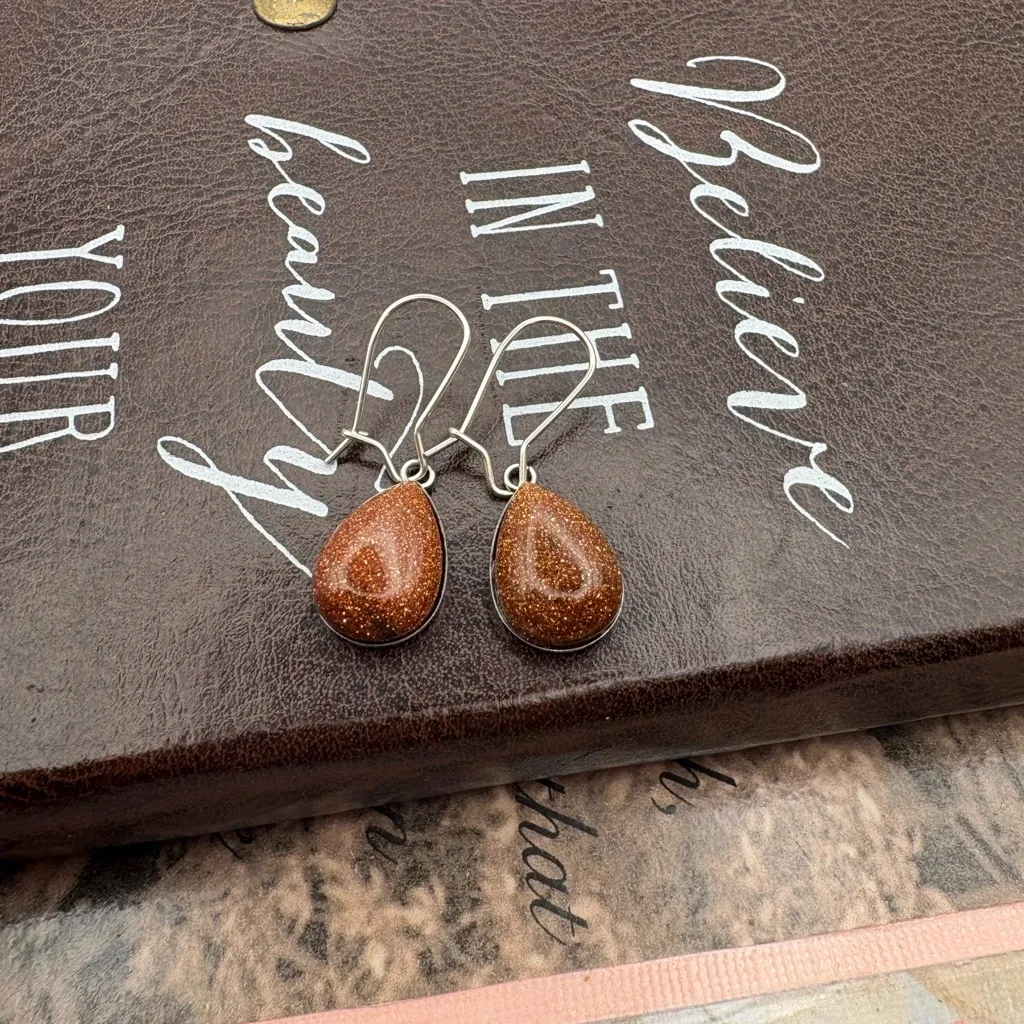 Goldstone Teardrop Earrings Stainless Steel Hypoallergenic 14x10mm - Image 4