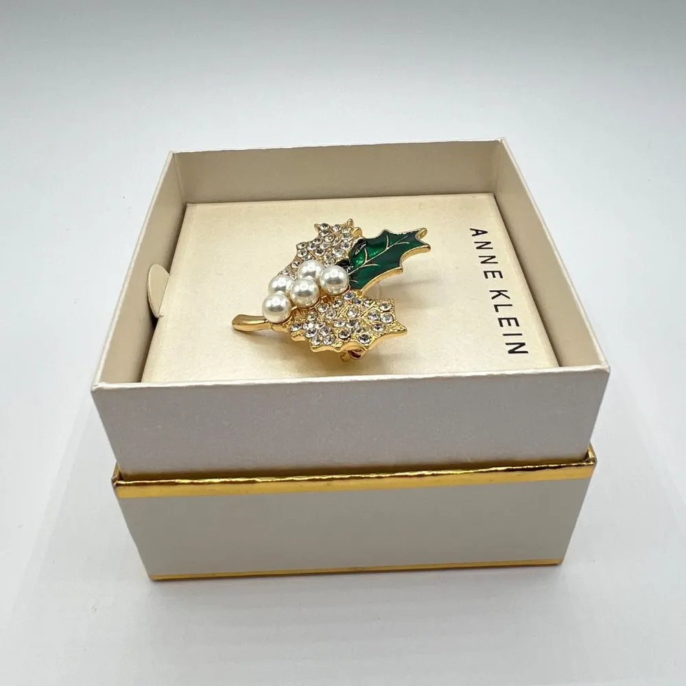 Anne Klein Pavé & Imitation Pearl Holly Branch Pin in Gold-Tone MSRP $28 NWT - Image 5
