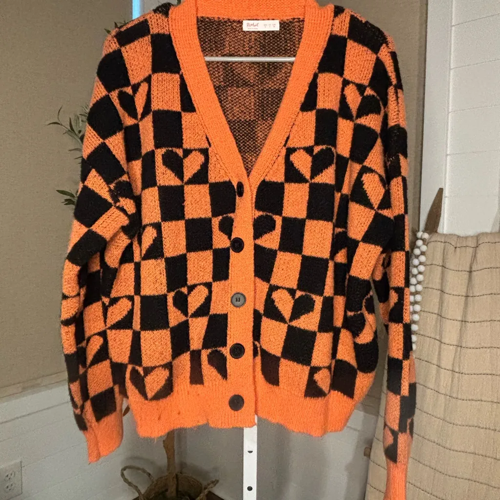 Checkered Hearts Orange and Black Women's Cardigan , Small - Image 2