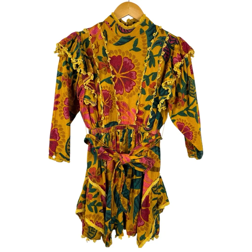Farm Rio Flowerdoscopic Cotton Ruffle High Neck Floral Mini Dress Yellow Size XS - Image 2