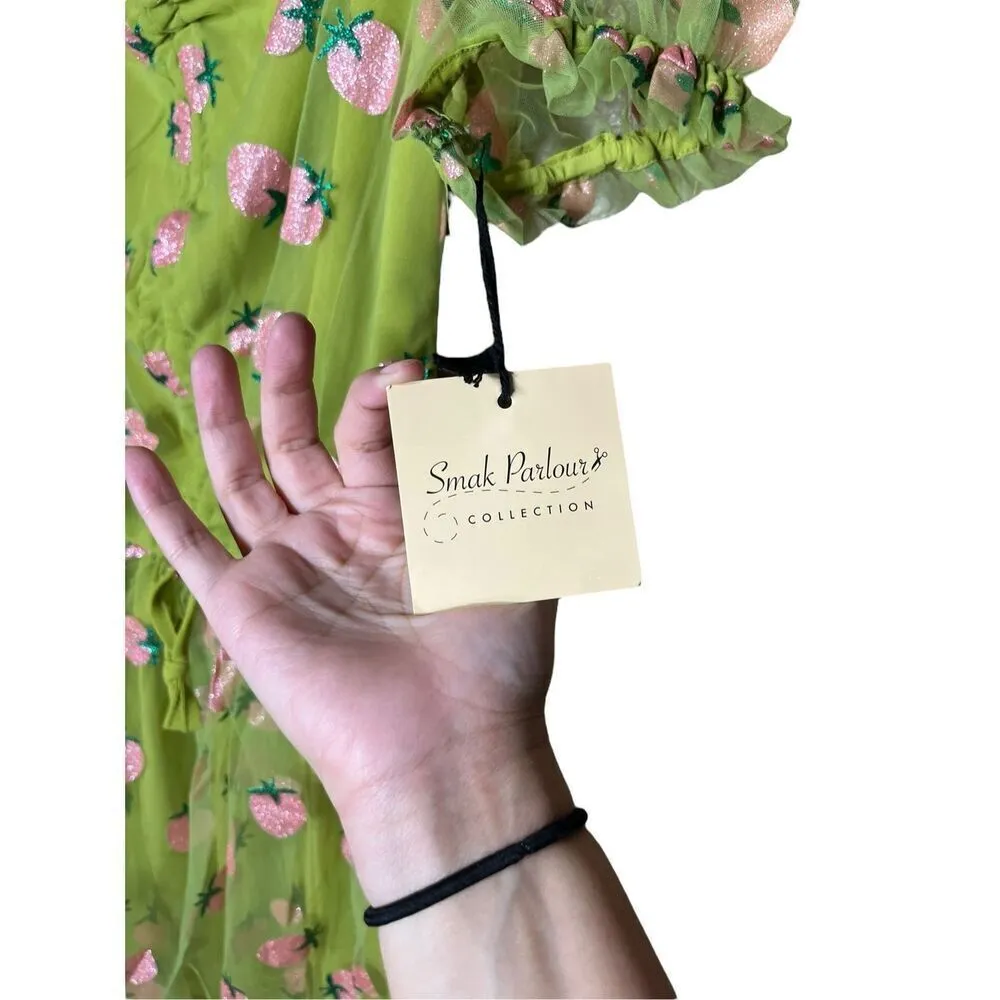 Unique Vintage Smak Parlour Avocado & Pink Strawberry Print Woodstock Flare Dres - Image 7