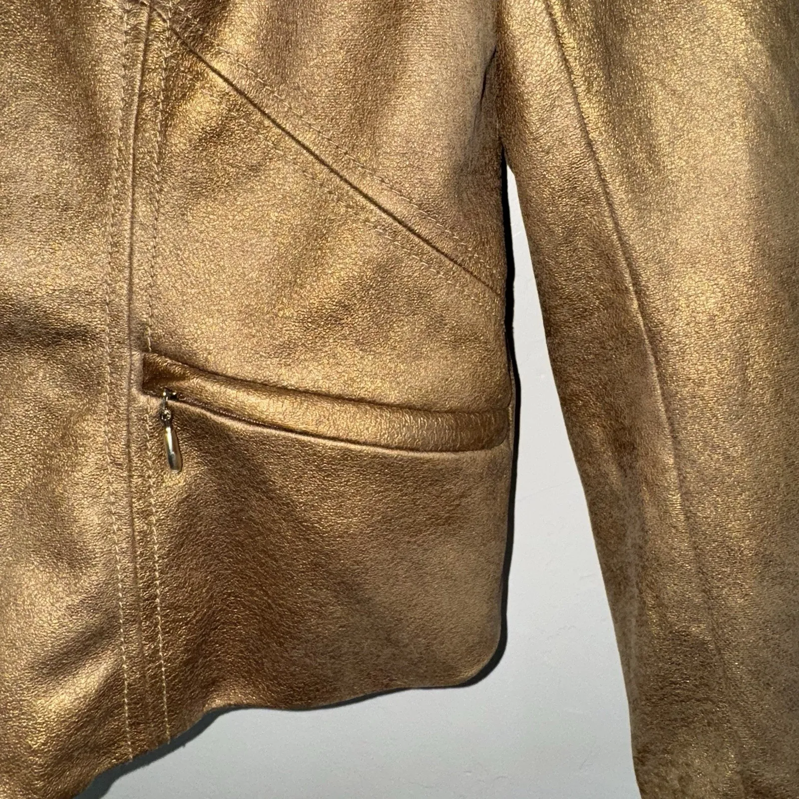 Cache Jacket Womens 12 Metallic Gold Open Front Waterfall Shoulder Pads Cropped - Image 5