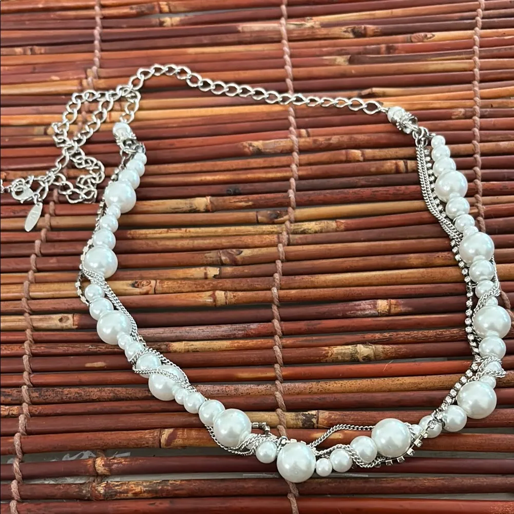 New York & Company Silver and White Faux Pearl Necklace with Twisted Rhinestone - Image 3