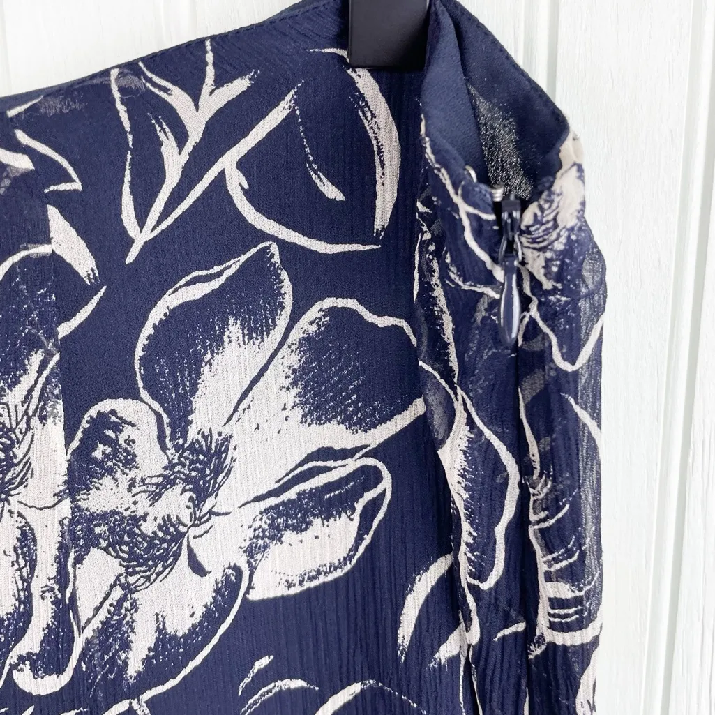 Vintage Y2K Lauren Ralph Lauren Midi Skirt Size 14 Navy Blue Floral 100% Silk - Image 4