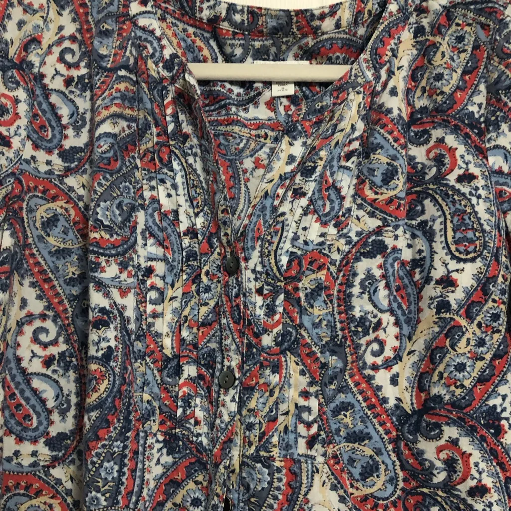 J.Jill paisley V‎ neck pintuck blouse shirt women’s size medium petite boho Blue - Image 6