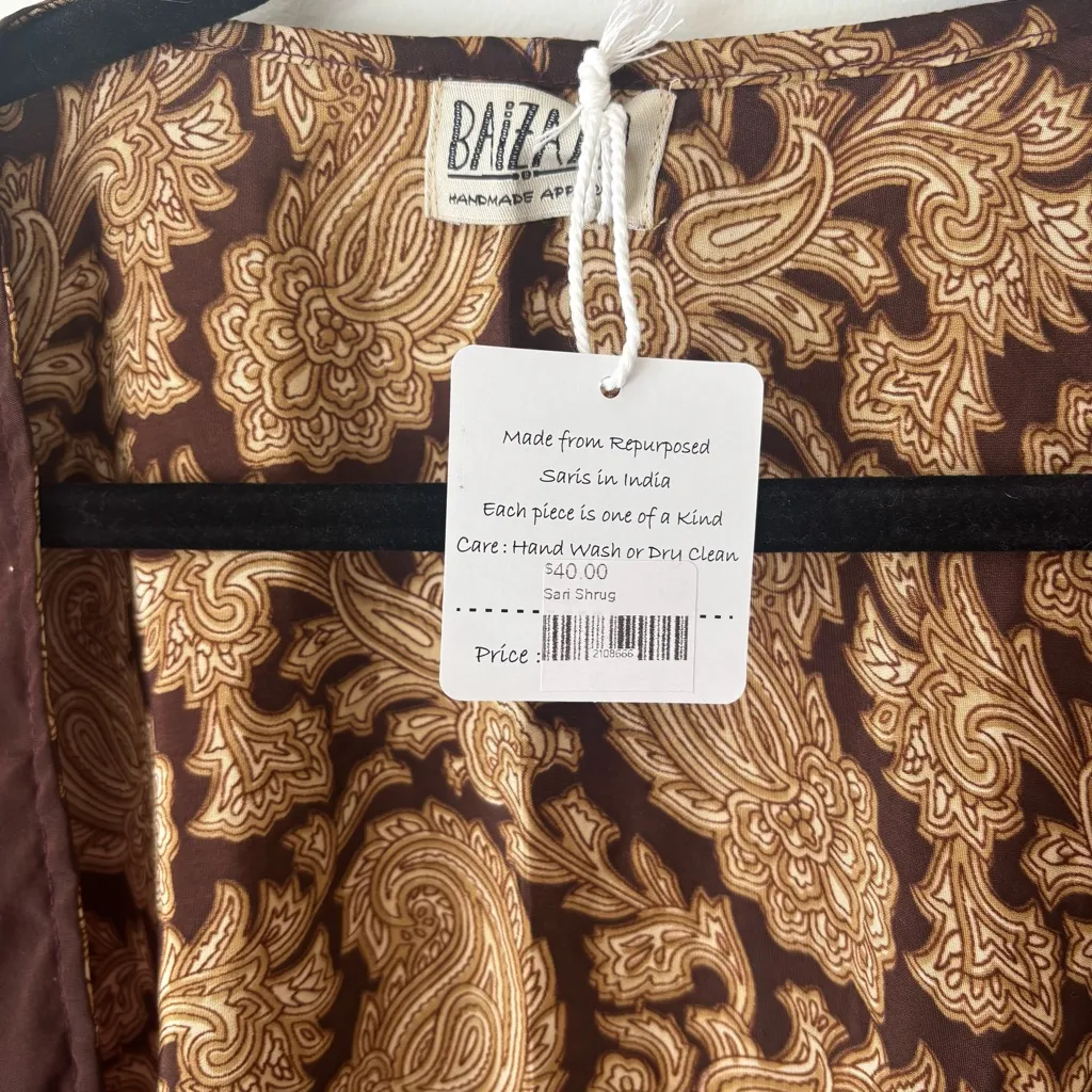Baizaar Sari Shrug 100% Silk Brown Orange Floral Paisley Kimono Boho NWT Size undefined - Image 4