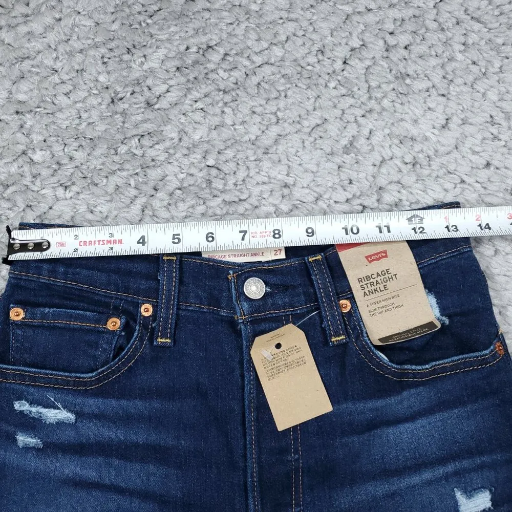 Levi's Ribcage Straight Ankle Stretch Jeans Dark Wash Blue Size 27x27 Ripped - Image 8