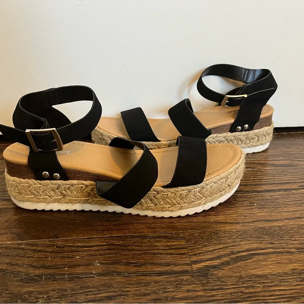 Soda black tan espadrille platform sandal women’s size 9 strappy ankle buckle - Image 3