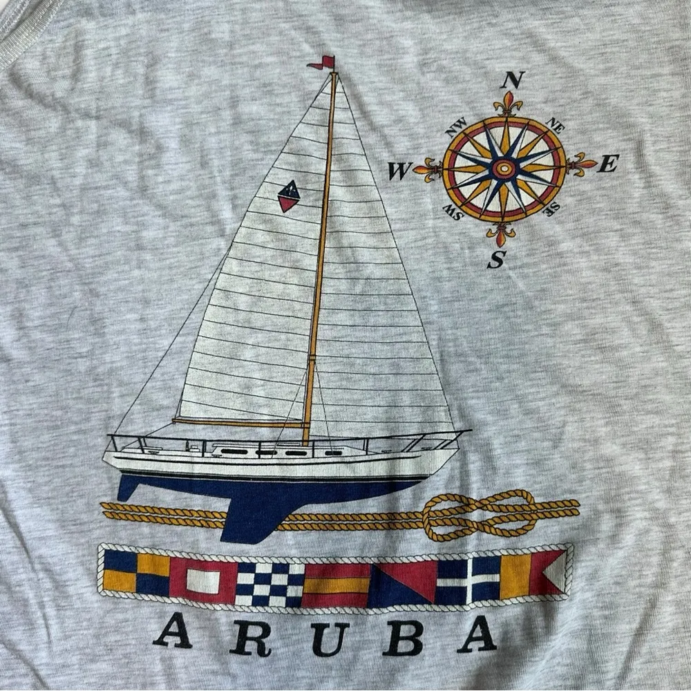 Vintage 90s Sleeveless Aruba Boat Ship Coastal Beach Gray Graphic Tank Top Size L - Image 5