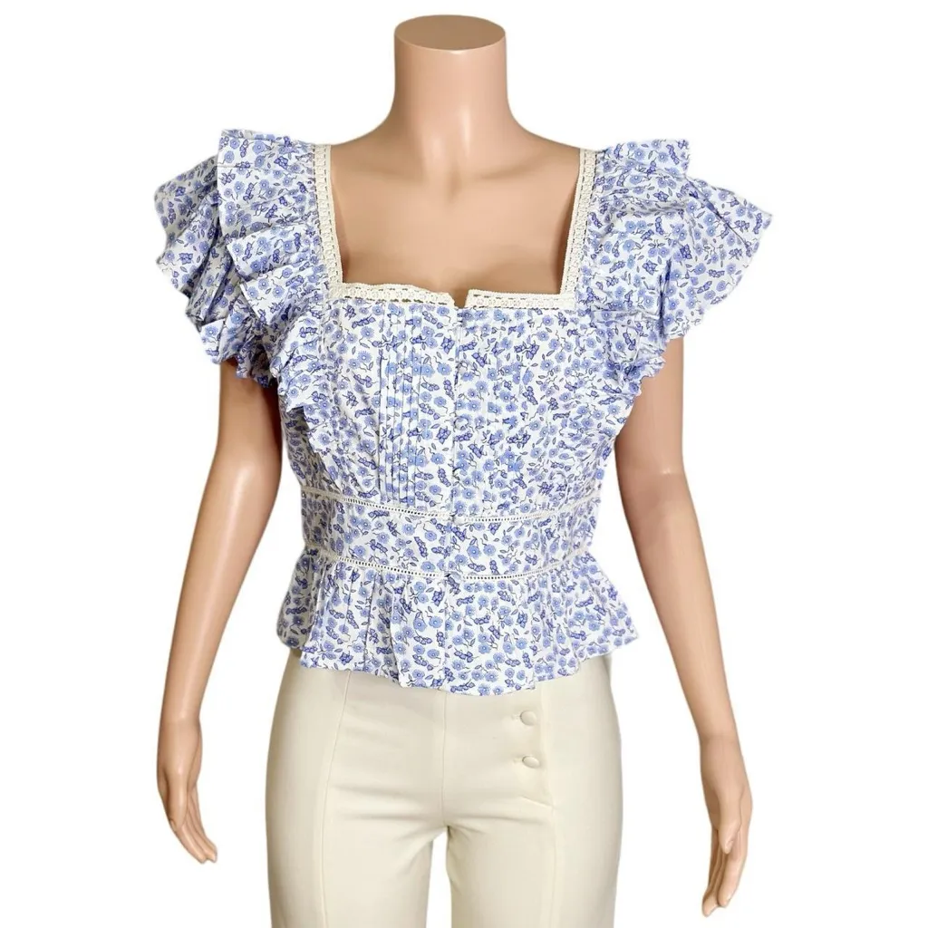 PINK CITY PRINTS Emilee Top, Cornflower Dahlia, Medium Blue - Image 9