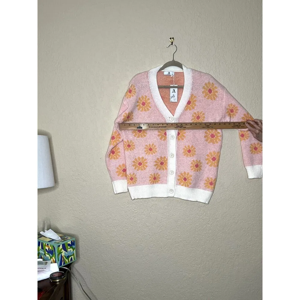 AZ womens size S/M sweater pink/cream daisies cardigan button - Image 8