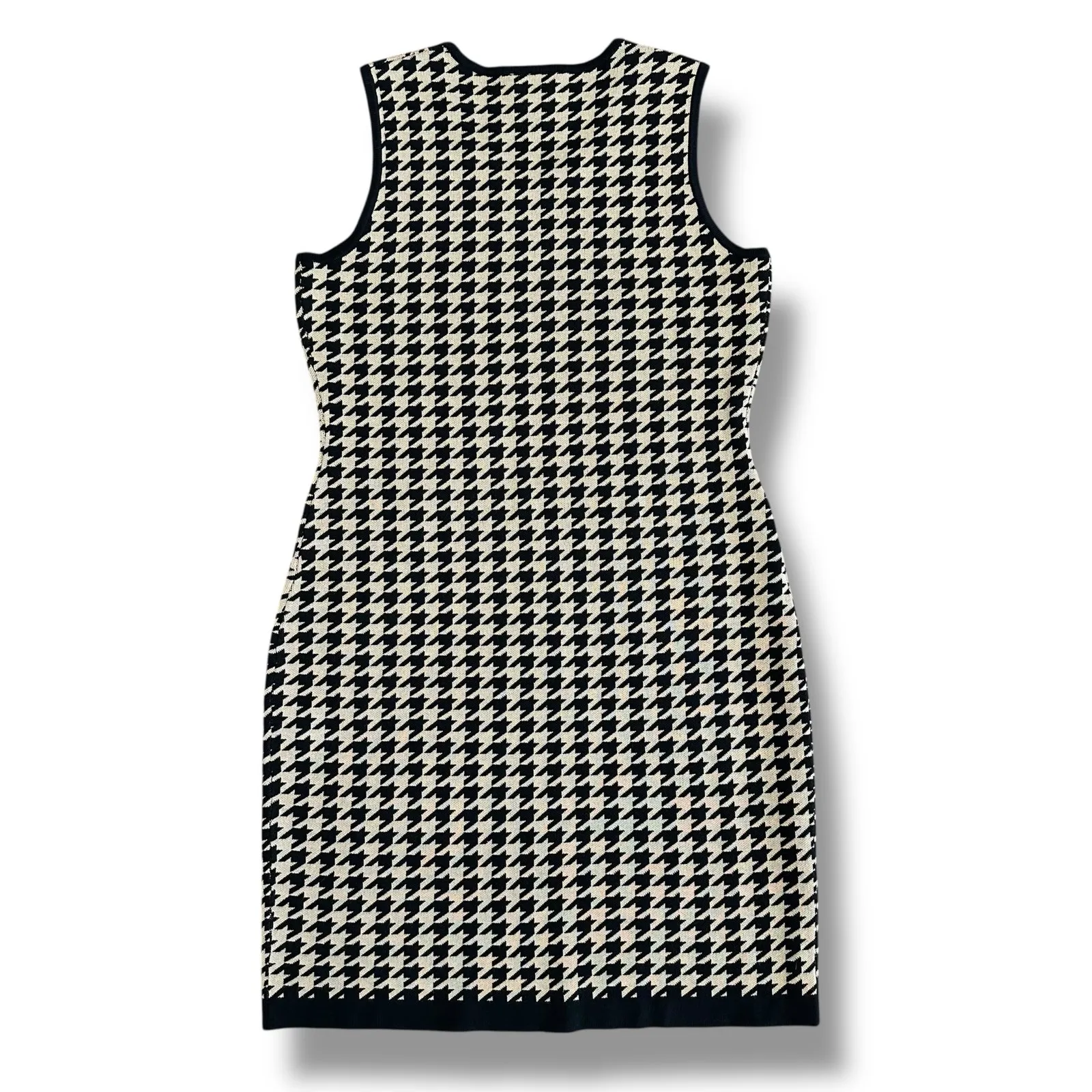 Maison Tara Knit Houndstooth Bodycon Sheath Dress Black Tan Sleeveless Stretch L Brown Size L - Image 5