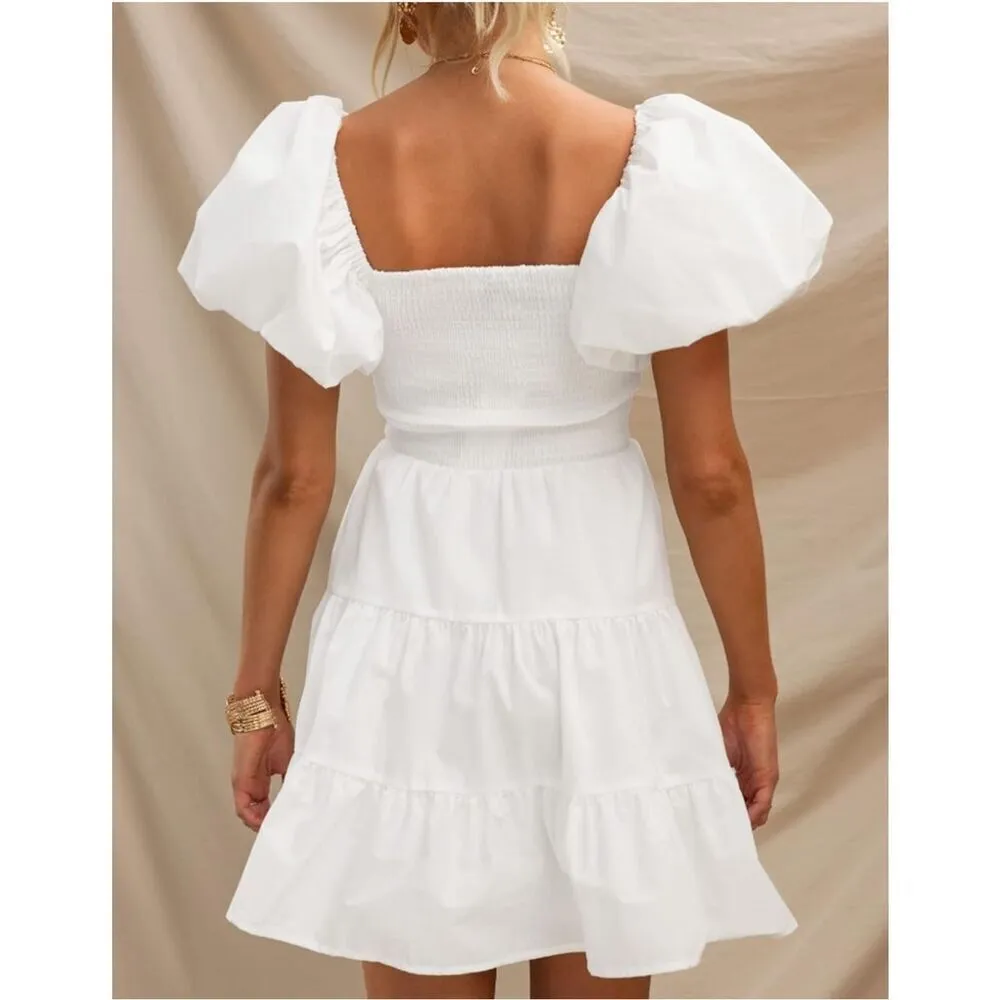 NEW Square Neck Puff Sleeve Off Shoulder Smocked Tiered Mini Dress S White - Image 3