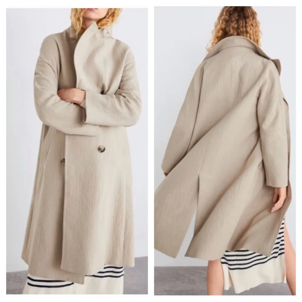 NEW Zara Double Breasted Long Coat Mink Light Beige XS S Textured Cotton Lapel - Image 10