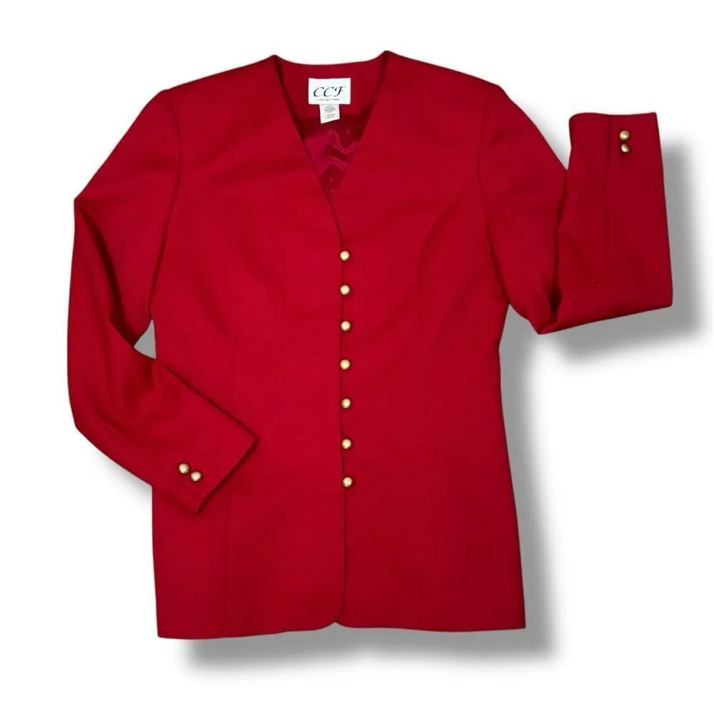 Vintage 90s CCF Collection Collarless Multi Button Blazer‎ Jacket Cherry Red 6 - Image 11