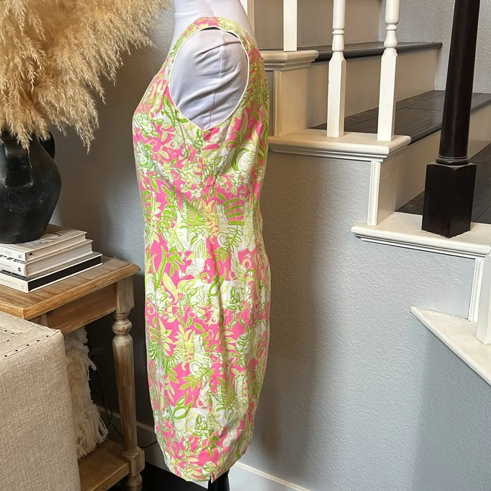 LILLY PULITZER Green & Pink Jungle Road Elephant Floral Shift Dress Size 8 - Image 4