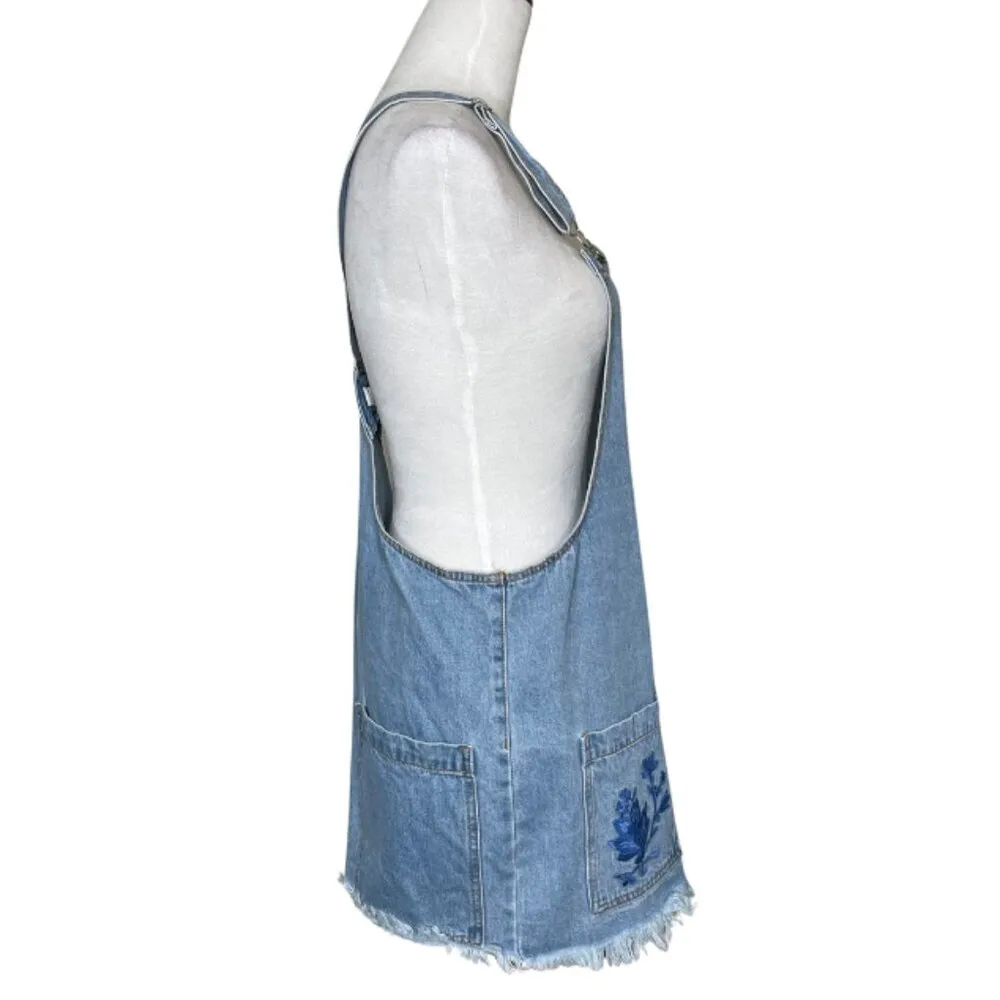 Women's Embroidered Floral Blue Denim Skirt Overall Pockets Sz Large - Image 5