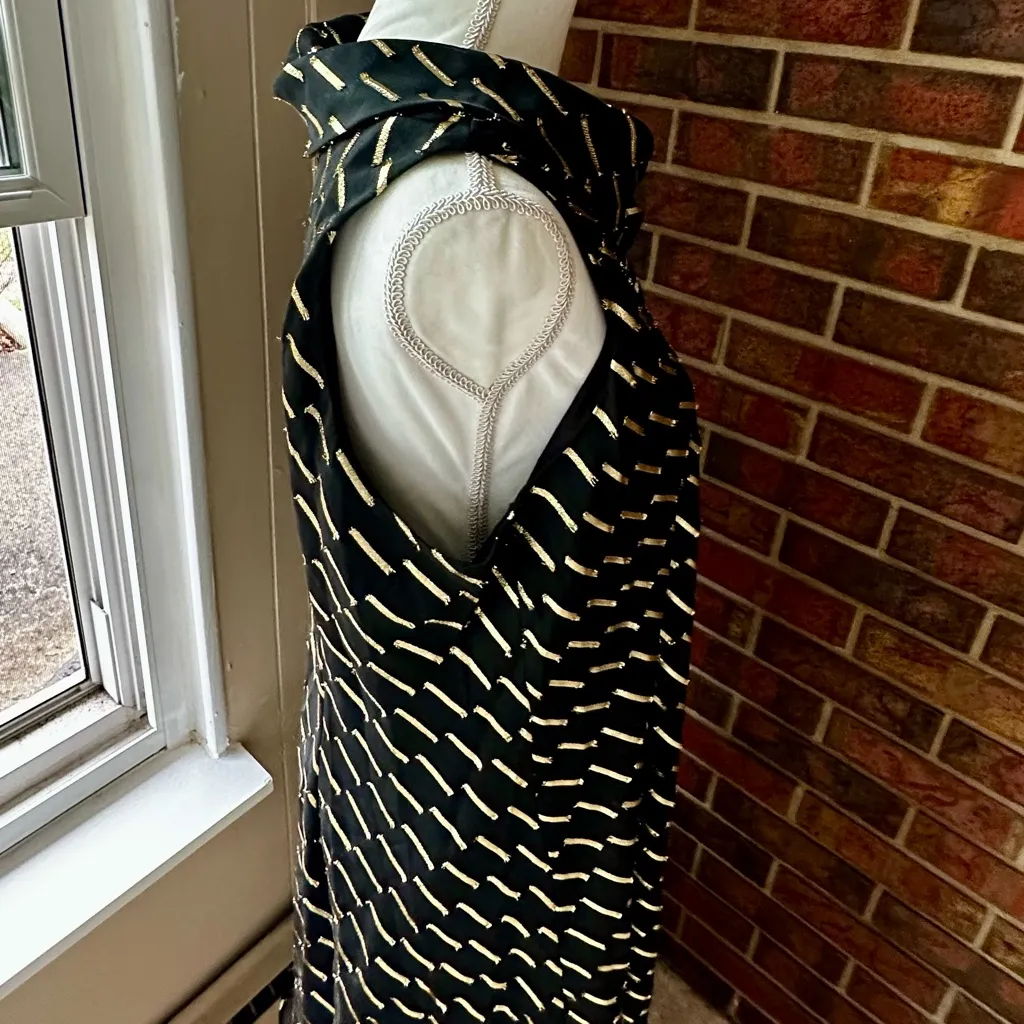 Robbie Bee Black Gold Sleeveless A-Line Dress Shear Sheath Scarf Cowl Neck Party - Image 10