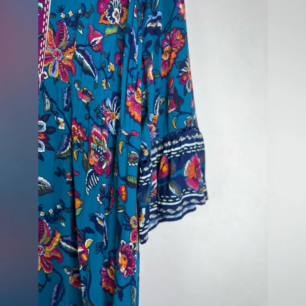 Soft Surroundings Women’s Boho Floral Maxi Dress Teal Embroidered Tiered 2X - Image 5