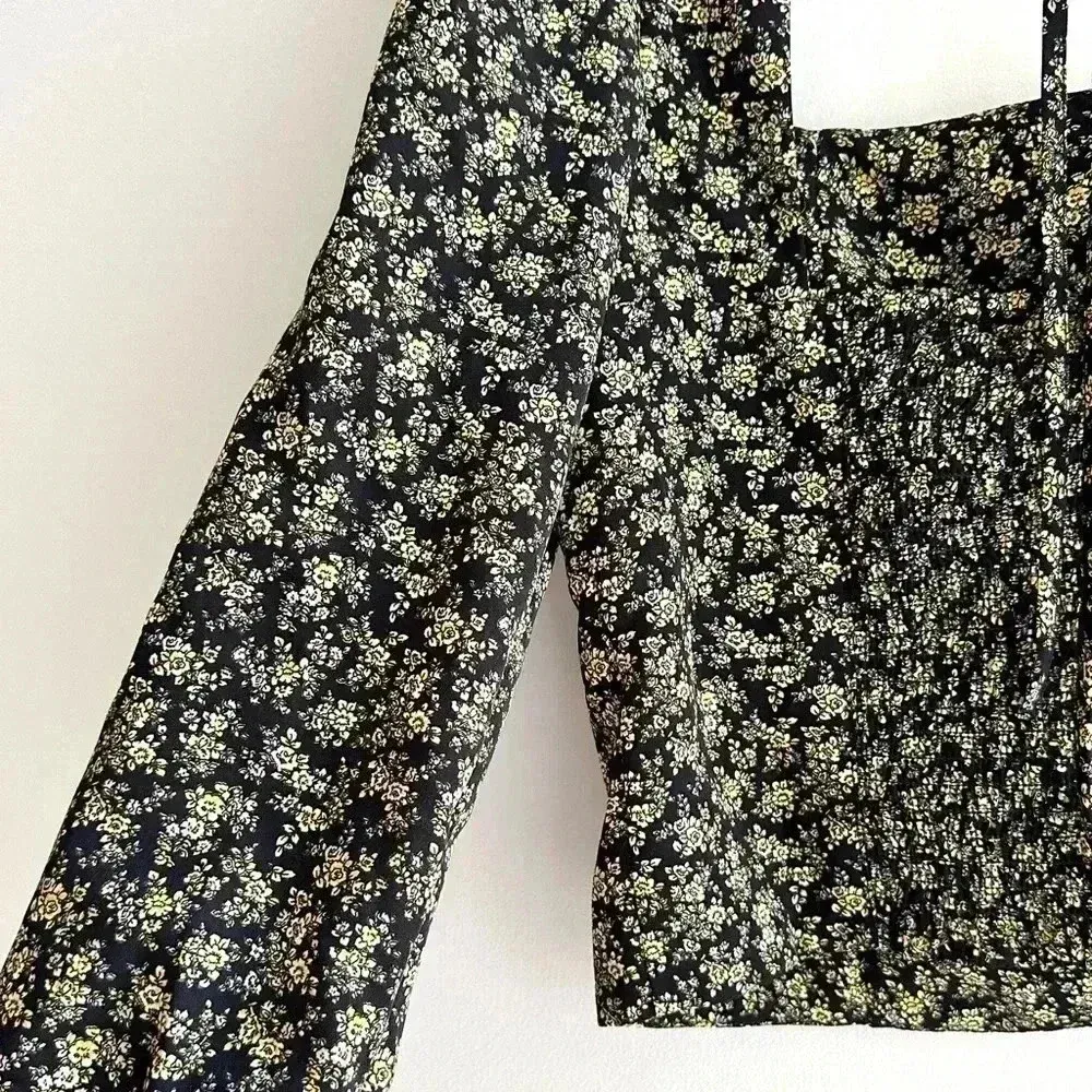 Levi's The Statement Top Slim Fit, Floral Print Puff Sleeve Top,Black/Yellow, M - Image 16