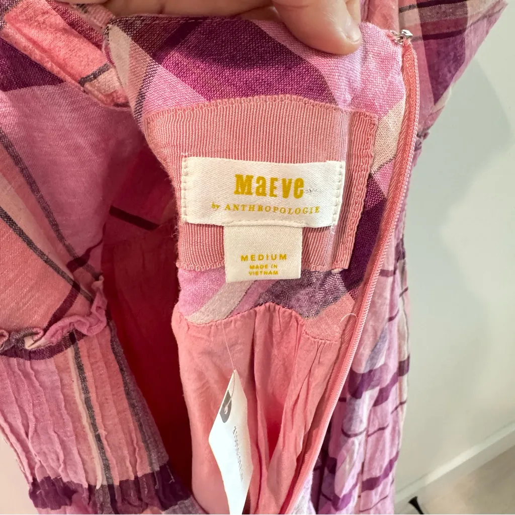 NWT Maeve Linen Blend Pleated Waist Hanky Hem Midi Dress Pink Plaid Medium - Image 11