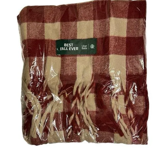 Scarf Uber Eats x Starbucks Red Beige Best Fall Ever Fringe Buffalo Plaid B2 - Image 1