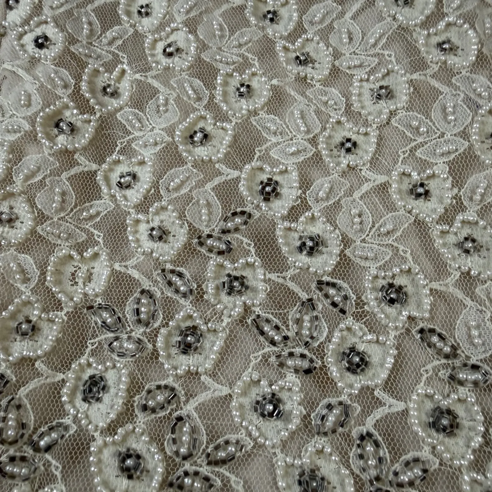 Vintage 60s Stenay Beaded Cream Lace Dress Women Size 12 Formal Cocktail Evening Silver - Image 6