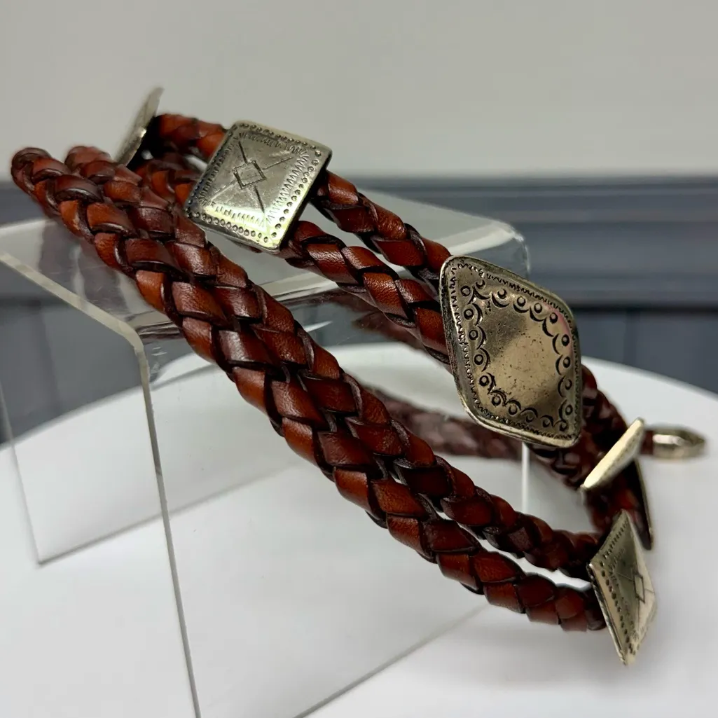 Vintage Braided Brown Leather Silver Concho Belt Western Bolo Style Rope Belt - Image 13