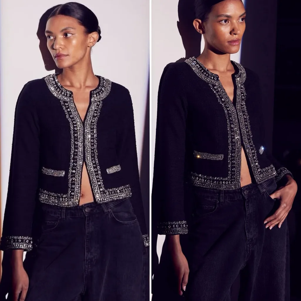 MISA Los Angeles Curtis Tweed Embellished Jacket in Black Size XS - Image 4