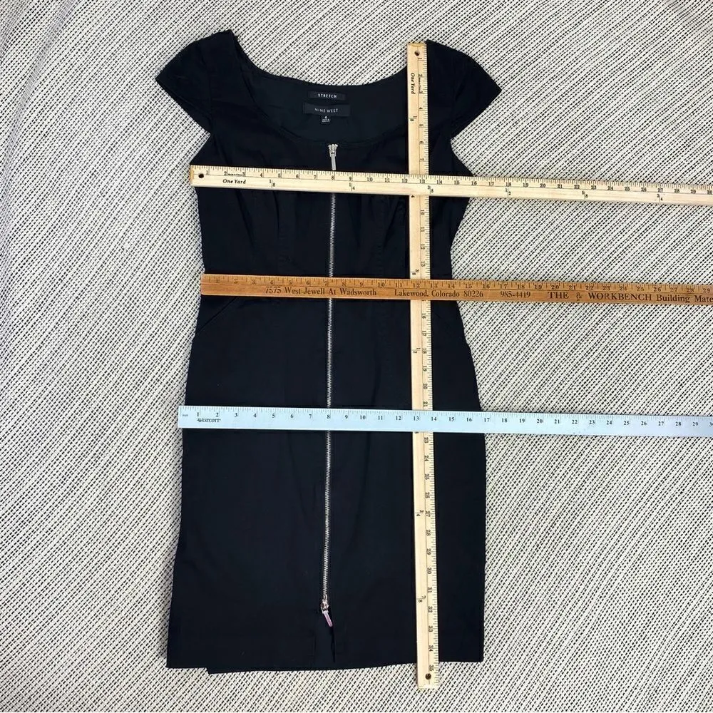 Nine West Front Zip Sheath Dress Black Stretch Twill Cap Sleeve Size‎ 4 - Image 11