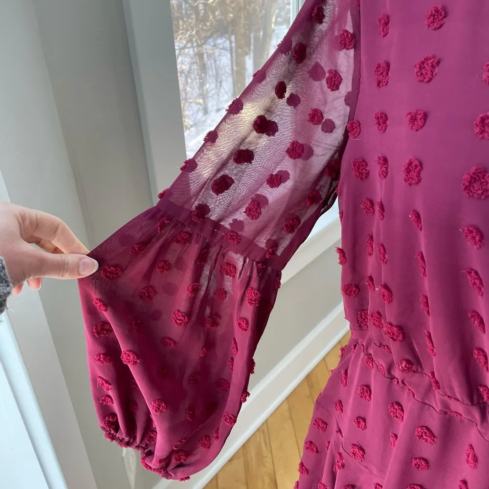 Entro Burgundy Sheer Long Sleeve V Neck Flounce Mini Dress Size Small - Image 4