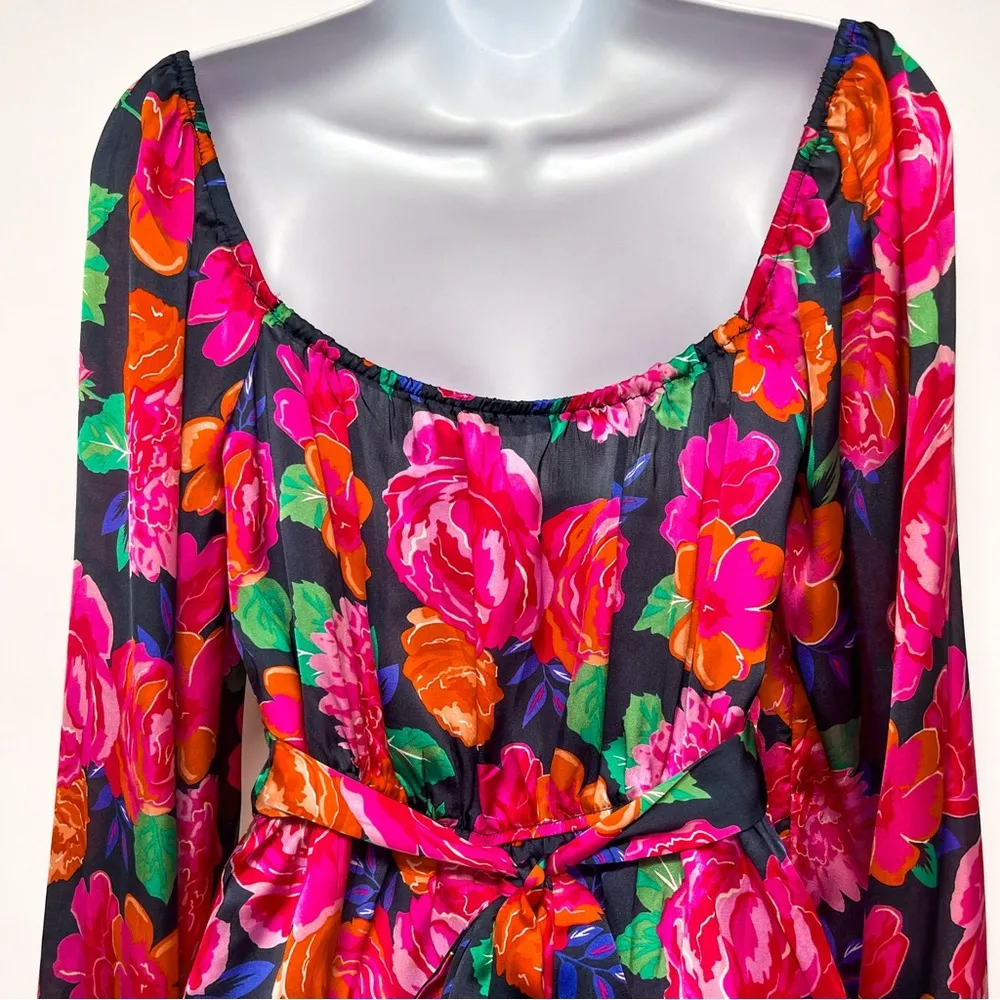 Vibrant Colorful Floral Balloon Sleeve Bow Back Ruffle Blouse Top Mi Amore Small - Image 8