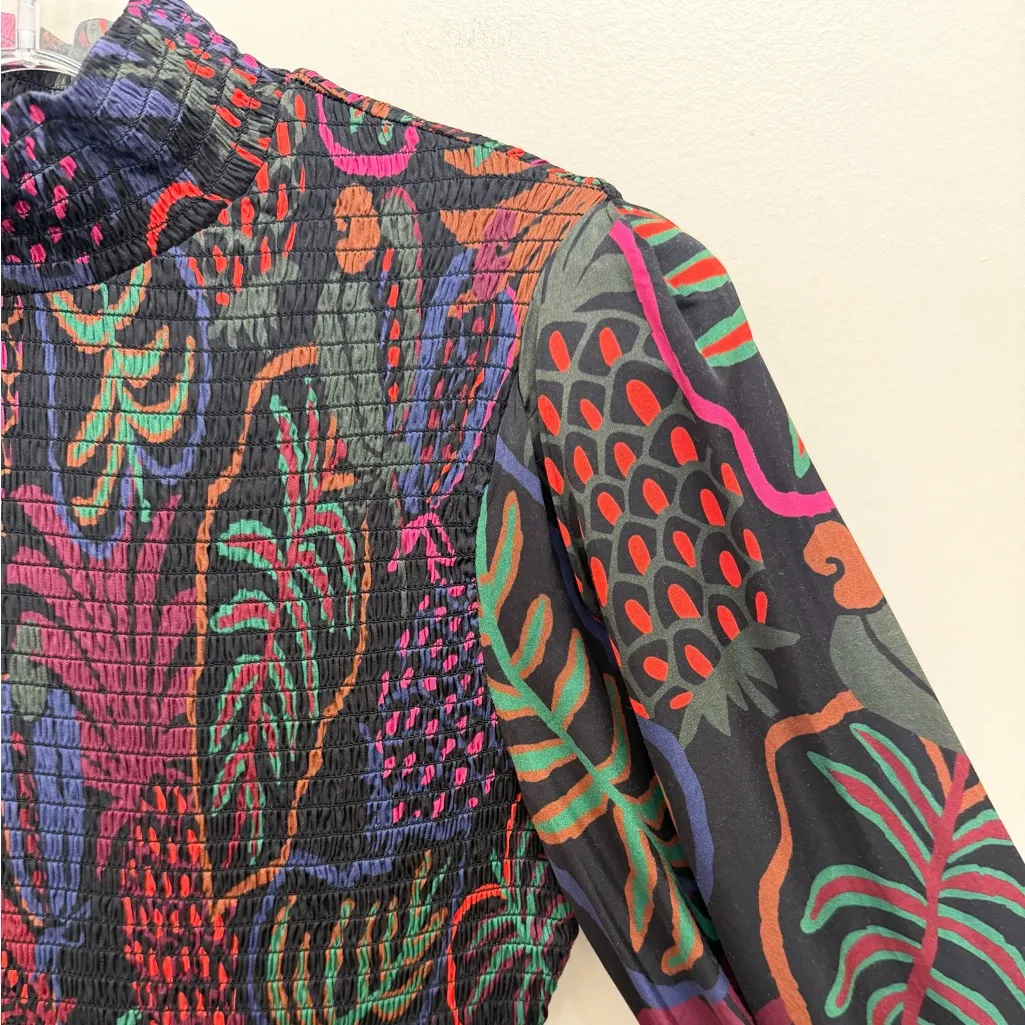 FARM Rio Frutis Dress Smocked Long Blouson Sleeve Drop Waist Multi Color Size XS - Image 7