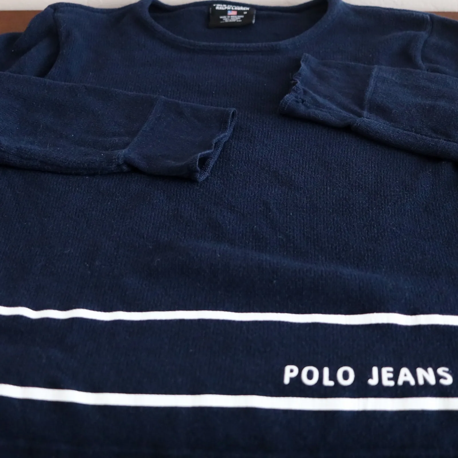Polo Jeans Co. Ralph Lauren Knit Sweater Striped Logo Pullover Navy Blue M Y2K Blue Size M - Image 6