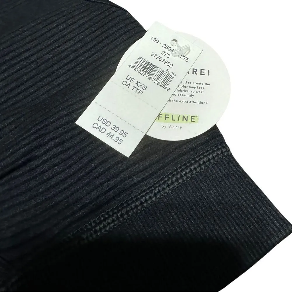 OFFLINE BY AERIE Sports Bra Keyhole Racerback Black Ribbed Knit Stretch NWT XS - Image 2