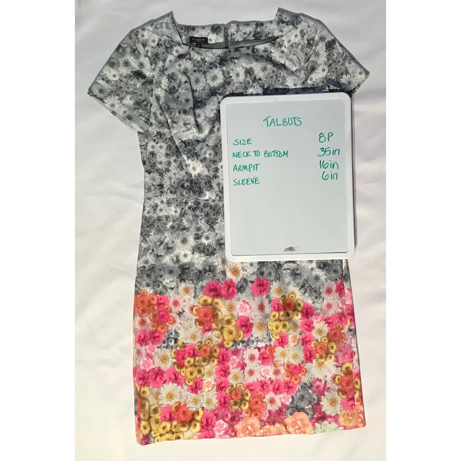 Talbots Petites Floral Dress Short Sleeve Knee Length Pink Yellow Gray Size 8P - Image 6