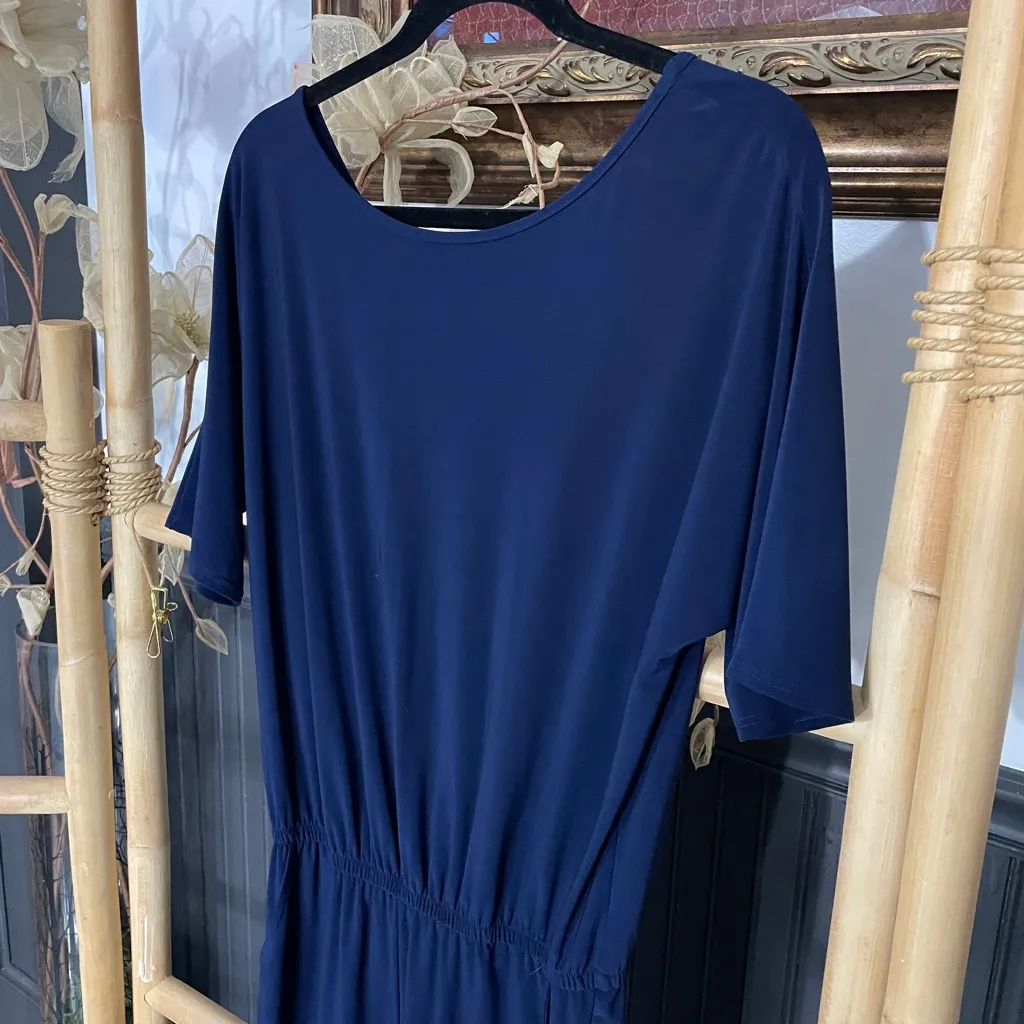 Clara Sun Woo Navy Crepe Open Back Short Sleeve Stretch Travel Jumpsuit - Image 6