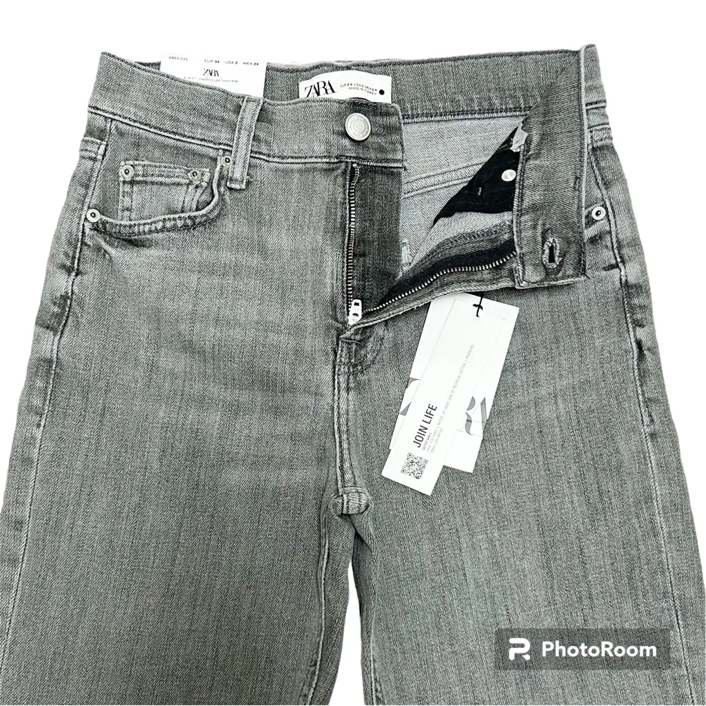 Zara Washed Out Grey Cropped High Rise Slim Fit Straight Leg Jeans Denim NWT 2 - Image 3