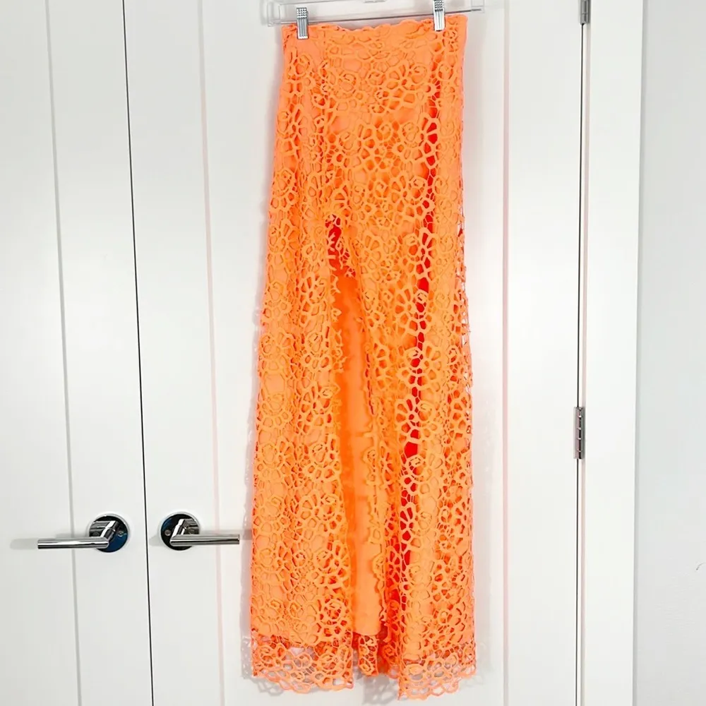 New Sabo Skirt Formal XS Neon Orange Lace Lined Skirt w/Slit - Image 3
