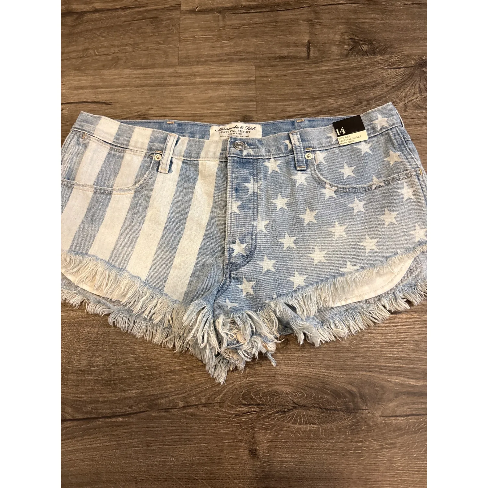 Abercrombie Fitch High Rise Festival Denim Shorts Stars Stripes Frayed Hem Sz 14 - Image 2