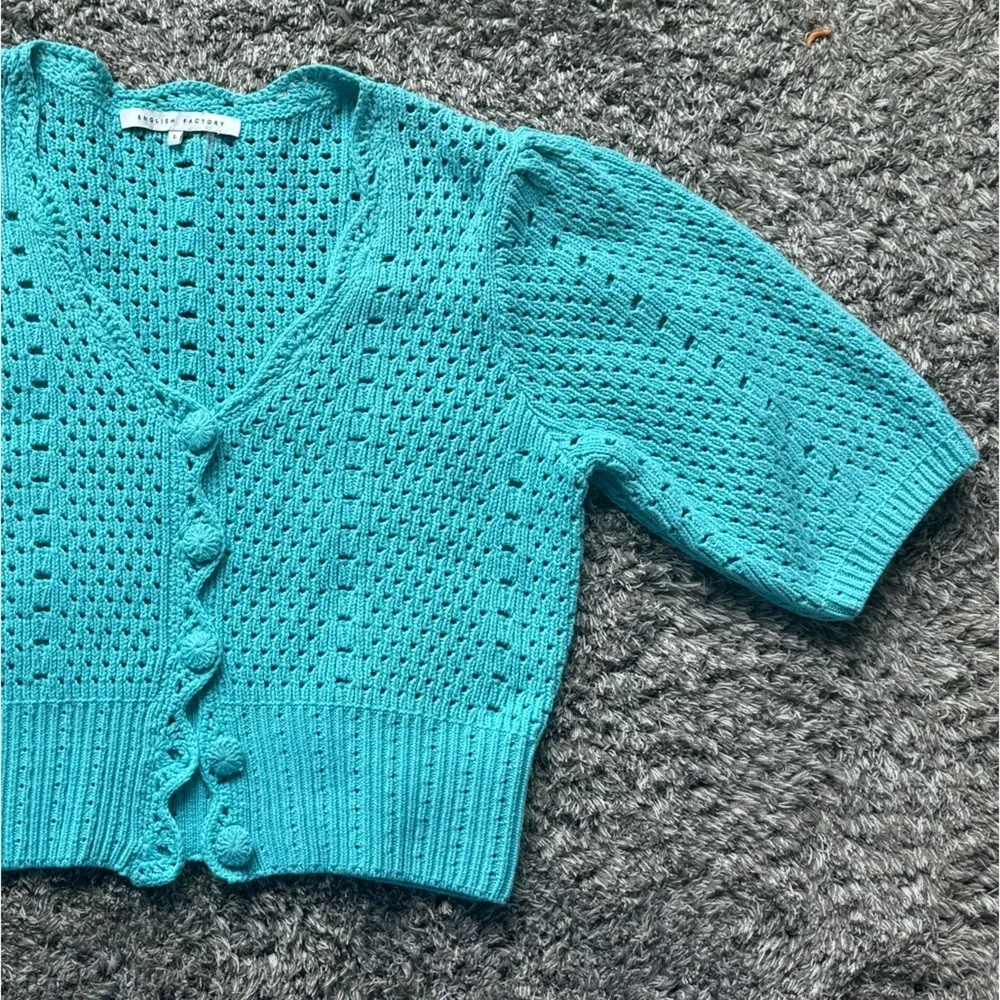 English Factory Pointelle Puff-Sleeve Knit Top – Turquoise – Size L - Image 3