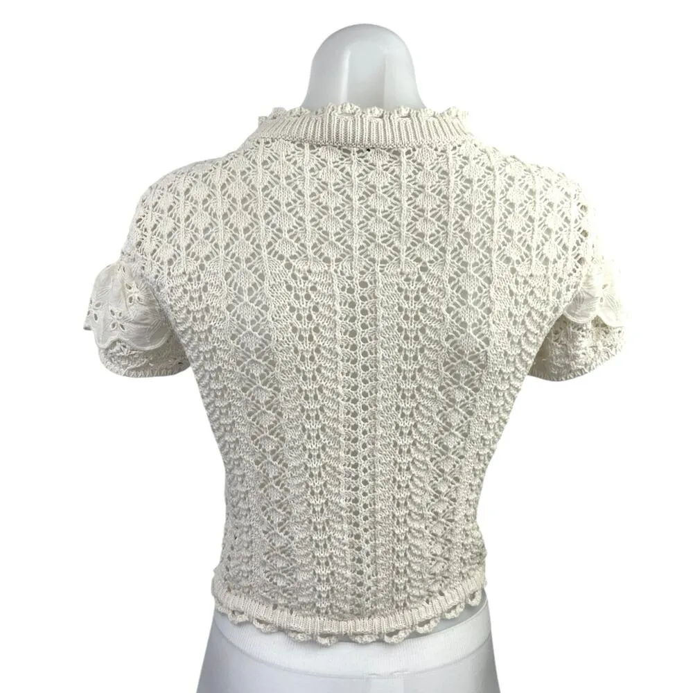 Zara Cream Crochet Open Knit Ruffle Mock Neck Short Sleeve Blouse Top Sz S - Image 6