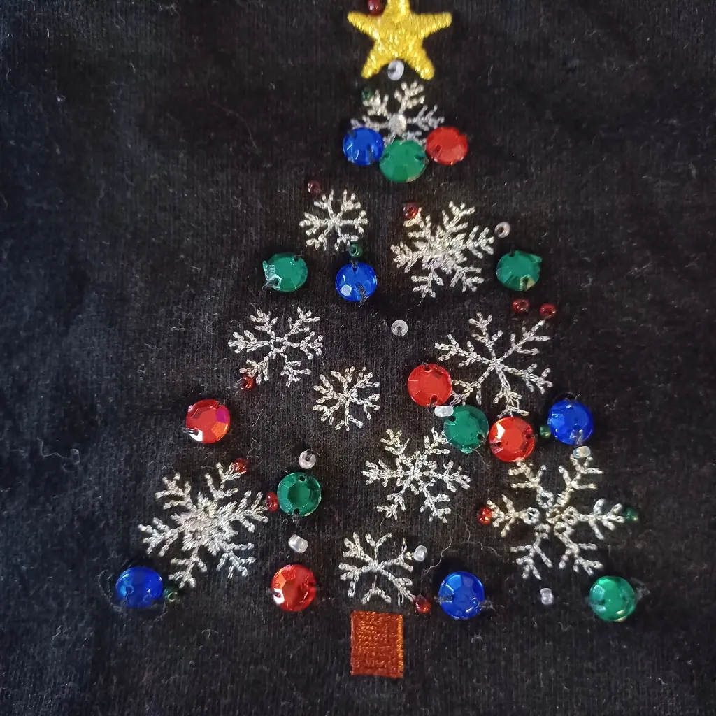 Caroline Taylor womens medium black long sleeve shirt bejeweled Christmas Tree - Image 2