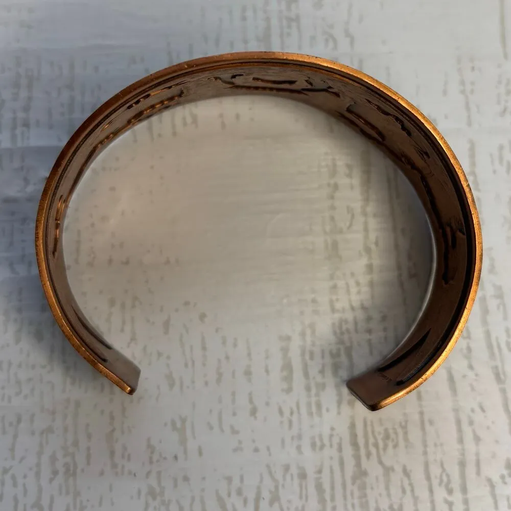 Copper Cuff Bracelet with Etched Buffalo Dancer and Rainbow Yei Design Brown - Image 6